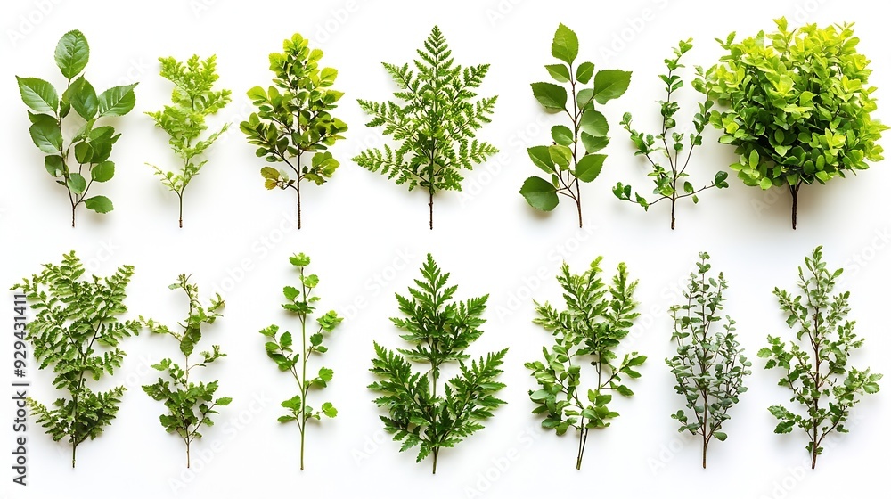 Poster different green trees and plants on white background : generative ai