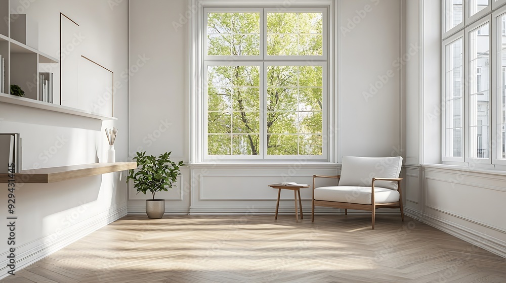 Poster minimalist interior of study room with parquet floor and white walls furnished with settee and table