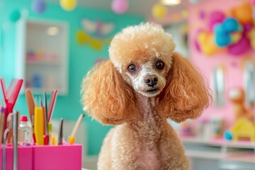 A Poodle being groomed at a pet salon, with various grooming tools and bright decorations around. copy space , ai