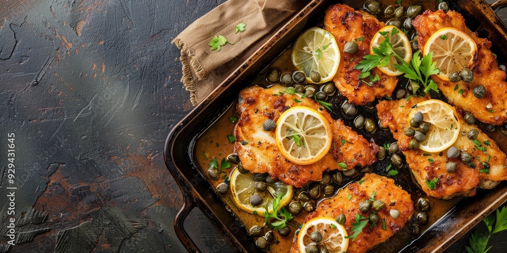 Poster top view of traditional italian deep fried chicken piccata with capers and lemon slices in a rustic 