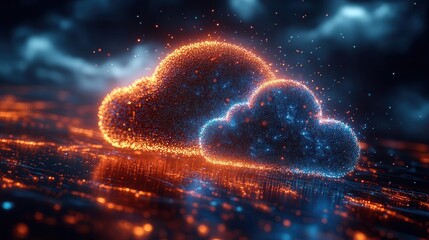 Obraz premium futuristic cloud computing concept data streams flow between stylized cloud and device icons glowing particles suggest rapid information transfer