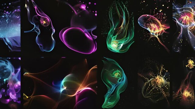 A series of fluorescencestained images revealing the stepbystep process of neurotransmitter synthesis from the initial production of precursor molecules to the final packaging into