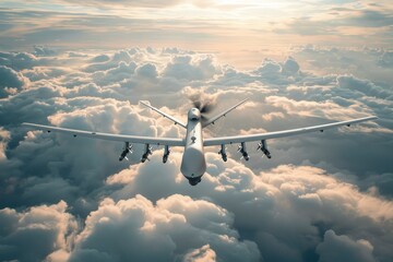 A large airplane flies through a cloudy sky