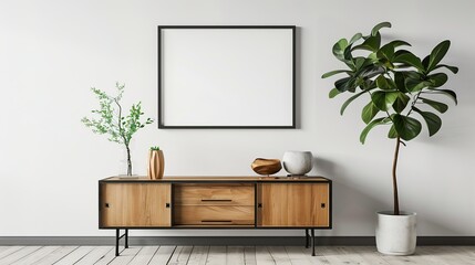 A stylish interior featuring a wooden sideboard, decorative plants, and a blank frame on the wall.