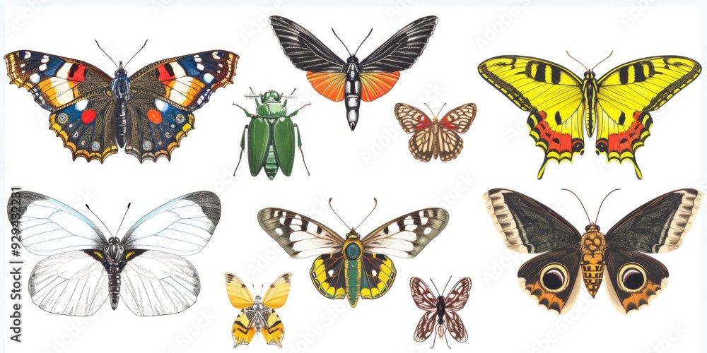 Poster A cluster of colorful butterflies sit on a plain white surface, ready for capture