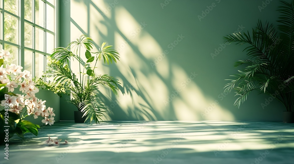 Leinwandbilder Abstract gradient green studio background for product presentation Empty room with shadows of window and flowers and palm leaves  3d room with copy space Summer concert Blurred backdro : Generative AI