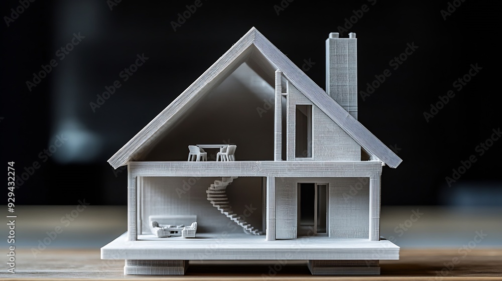Poster Decomposed house parts floor and roof 3D model printed on a 3D printer with white filament by FDM technology for architectural use : Generative AI