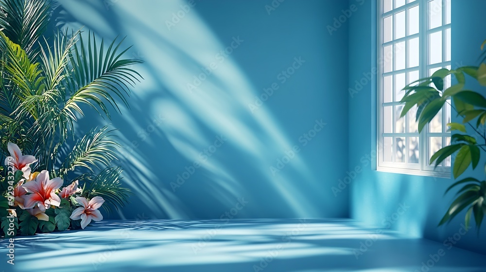 Leinwandbilder Abstract gradient blue studio background for product presentation Empty room with shadows of window and flowers and palm leaves  3d room with copy space Summer concert Blurred backdrop : Generative AI