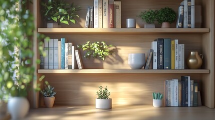 Shelving unit with books and decor in interior of room : Generative AI