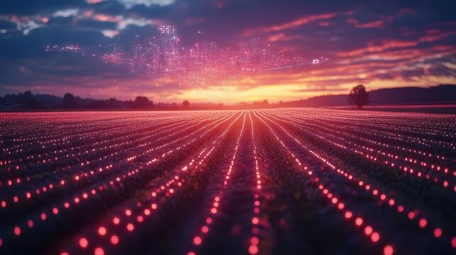 futuristic farm with autonomous drones monitoring crops robotic harvesters in action data visualizations hovering over fields seamless integration of tech and agriculture