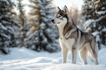 A Siberian Husky standing in a snowy landscape, its thick fur contrasting against the white snow, with pine trees in the background. copy space , ai