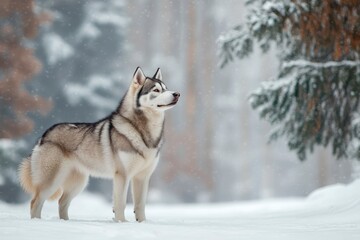 Fototapeta premium A Siberian Husky standing in a snowy landscape, its thick fur contrasting against the white snow, with pine trees in the background. copy space , ai