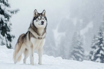 Naklejka premium A Siberian Husky standing in a snowy landscape, its thick fur contrasting against the white snow, with pine trees in the background. copy space , ai