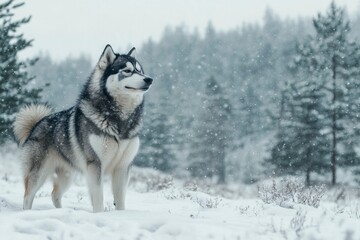 Naklejka premium A Siberian Husky standing in a snowy landscape, its thick fur contrasting against the white snow, with pine trees in the background. copy space , ai