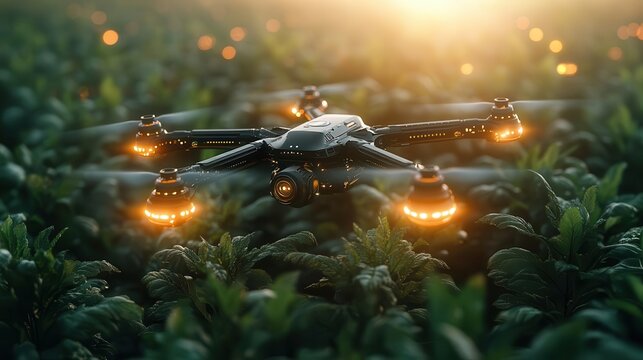futuristic farm with autonomous drones monitoring crops robotic harvesters in action data visualizations hovering over fields seamless integration of tech and agriculture