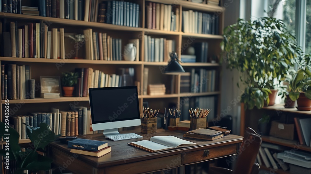 Poster shelf unit with books and stylish workplace in home library : generative ai