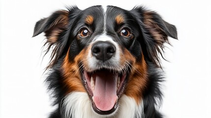Black Tricolor Australian Shepherd panting mouth open and looking at the camera isolated on white : Generative AI