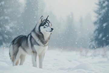 Fototapeta premium A Siberian Husky standing in a snowy landscape, its thick fur contrasting against the white snow, with pine trees in the background. copy space , ai