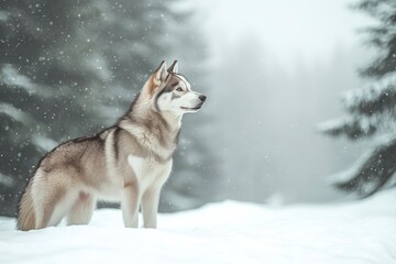 Naklejka premium A Siberian Husky standing in a snowy landscape, its thick fur contrasting against the white snow, with pine trees in the background. copy space , ai