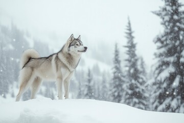 Fototapeta premium A Siberian Husky standing in a snowy landscape, its thick fur contrasting against the white snow, with pine trees in the background. copy space , ai