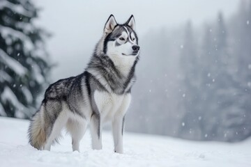 Naklejka premium A Siberian Husky standing in a snowy landscape, its thick fur contrasting against the white snow, with pine trees in the background. copy space , ai