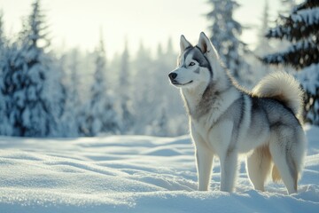 Fototapeta premium A Siberian Husky standing in a snowy landscape, its thick fur contrasting against the white snow, with pine trees in the background. copy space , ai