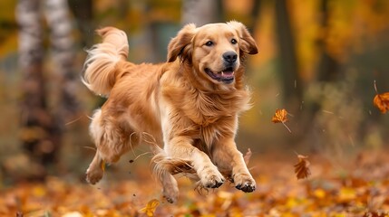 Obraz premium Golden Retriever dog in mid-air with forest leaves gently falling around picture