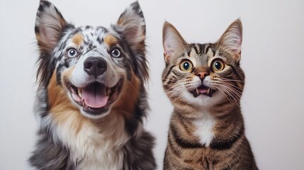 Portrait of a pretty blue merle australian shepherd dog  and a tabby british shorthair cat looking straigth at the camera with open mouth on a white background with space for copy : Generative AI