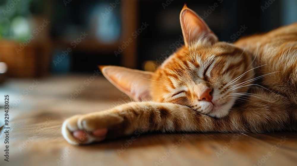 Poster Ginger cat paw on the table Happy tabby cat relaxing at home : Generative AI