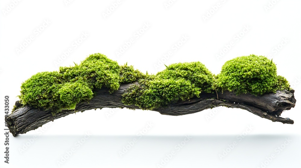 Poster fresh green moss on wet rotten branch and stone isolated on white side view : generative ai