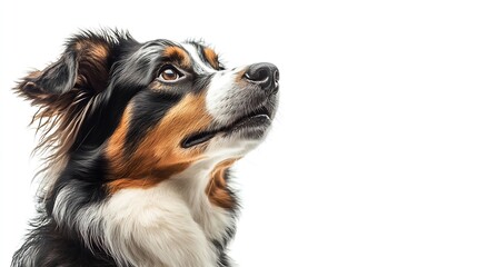 Fototapeta premium Cheerful Sitting American Shepherd panting and looking away isolated on white : Generative AI