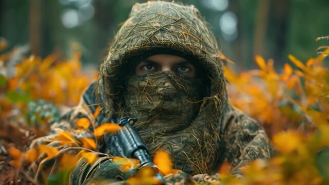This Man in camouflage clothing blending into dense foliage, hidden
