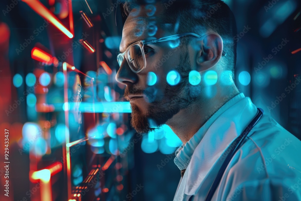 Fototapete a person in a lab coat studying data on a computer screen