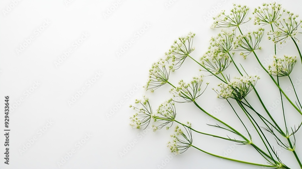 Poster flowering umbrella flowers of dill on a white background top view flat lay creative layout : generat
