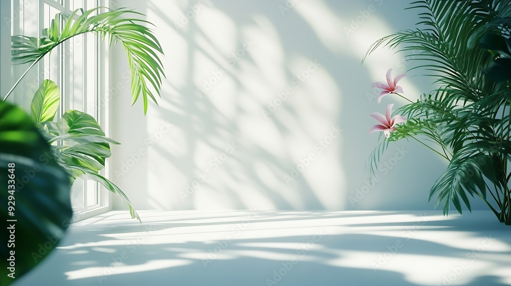 Fototapete abstract white studio background for product presentation empty room with shadows of window and flow