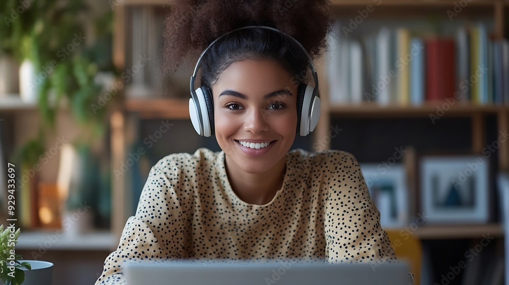 Aufkleber smiling multiracial millennial female student in headphones sitting at the desk watching webinar and
