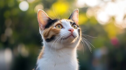 Fototapeta premium Isolated cat looking up while sitting High angle view of cute calico kitty with curious or intense body language waiting for food or watching bird Long hair cat calico or torbie Select : Generative AI