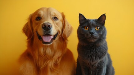 Happy sitting and panting Golden retriever dog and blue Maine Coon cat looking at camera Isolated on yellow : Generative AI