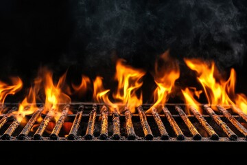 Barbecue Grill With Fire Flames - Empty Fire Grid On Black Background , ai