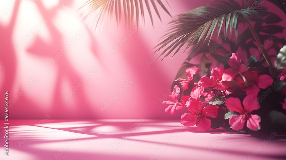 Poster Abstract pink color gradient studio background for product presentation Empty room with shadows of window and flowers and palm leaves  3d room with copy space Summer concert Blurred ba : Generative AI