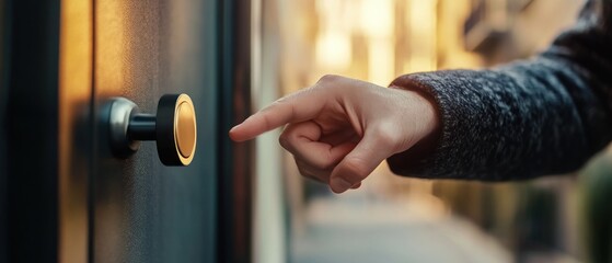 Hand Reaching for a Doorbell on a Black Door