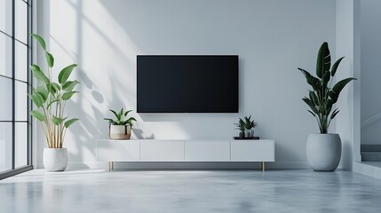 White color wall Background minimal living room interior decor with a TV cabinet : Generative AI