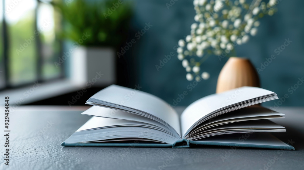 Poster open book on a modern table with a vase in the background, creating a serene and contemplative atmos