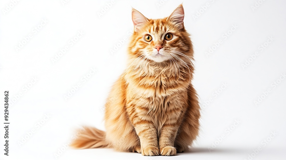 Poster A cat with orange fur is sitting on a white background The cat has a curious expression on its face : Generative AI