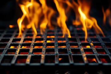 Barbecue Grill With Fire Flames - Empty Fire Grid On Black Background , ai
