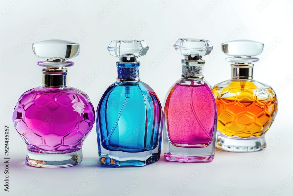 Poster Three colorful perfume bottles on a shelf