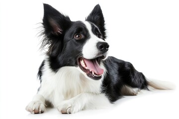 Fototapeta premium Beautiful black and white Border Collie, laying down side ways, mouth slightly open, looking towards camera, isolated on a white background , ai