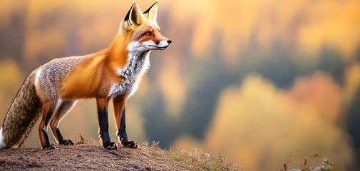 Fototapeta premium A majestic fox stands elegantly against a backdrop of vibrant autumn colors, showcasing the beauty of nature.