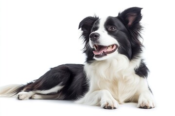 Fototapeta premium Beautiful black and white Border Collie, laying down side ways, mouth slightly open, looking towards camera, isolated on a white background , ai