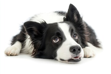 Fototapeta premium Beautiful black and white Border Collie, laying down side ways, mouth slightly open, looking towards camera, isolated on a white background , ai